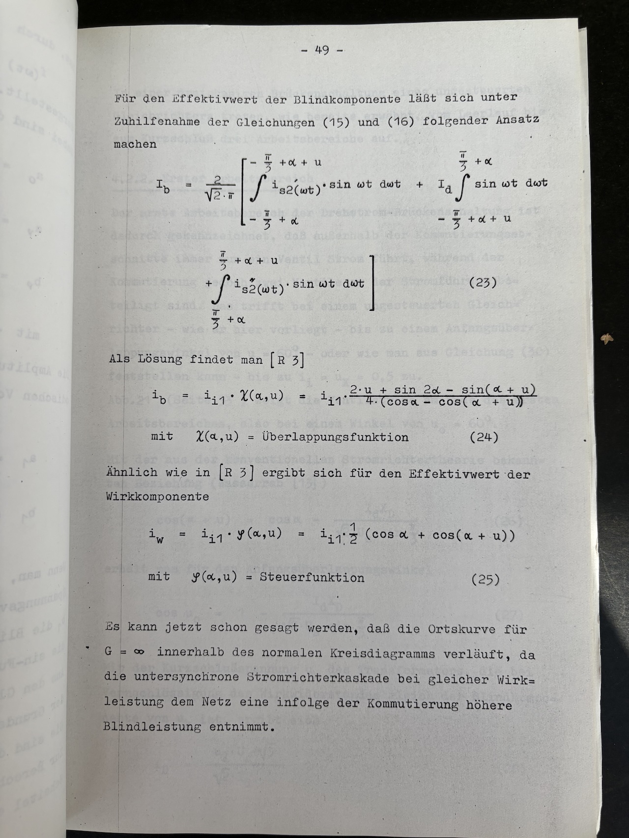 Seite 49 der Diplomarbeit mit dem Ansatz für den Effektivwert der Blindkomponente; die Integralzeichen sind von Hand eingetragen