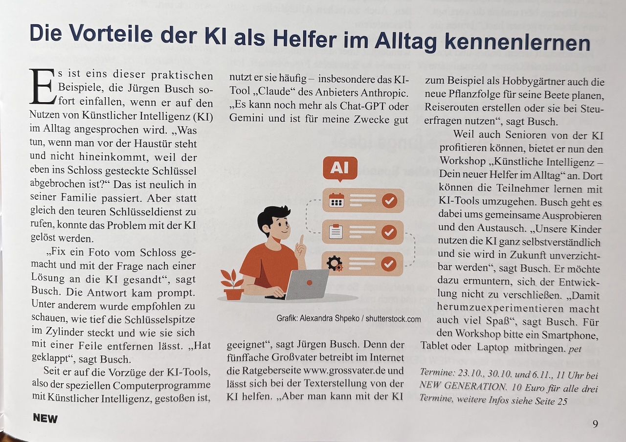 Zeitschriftenseite mit dem Artikel Die Vorteile der KI als Helfer im Alltag kennenlernen ueber Juergen Busch