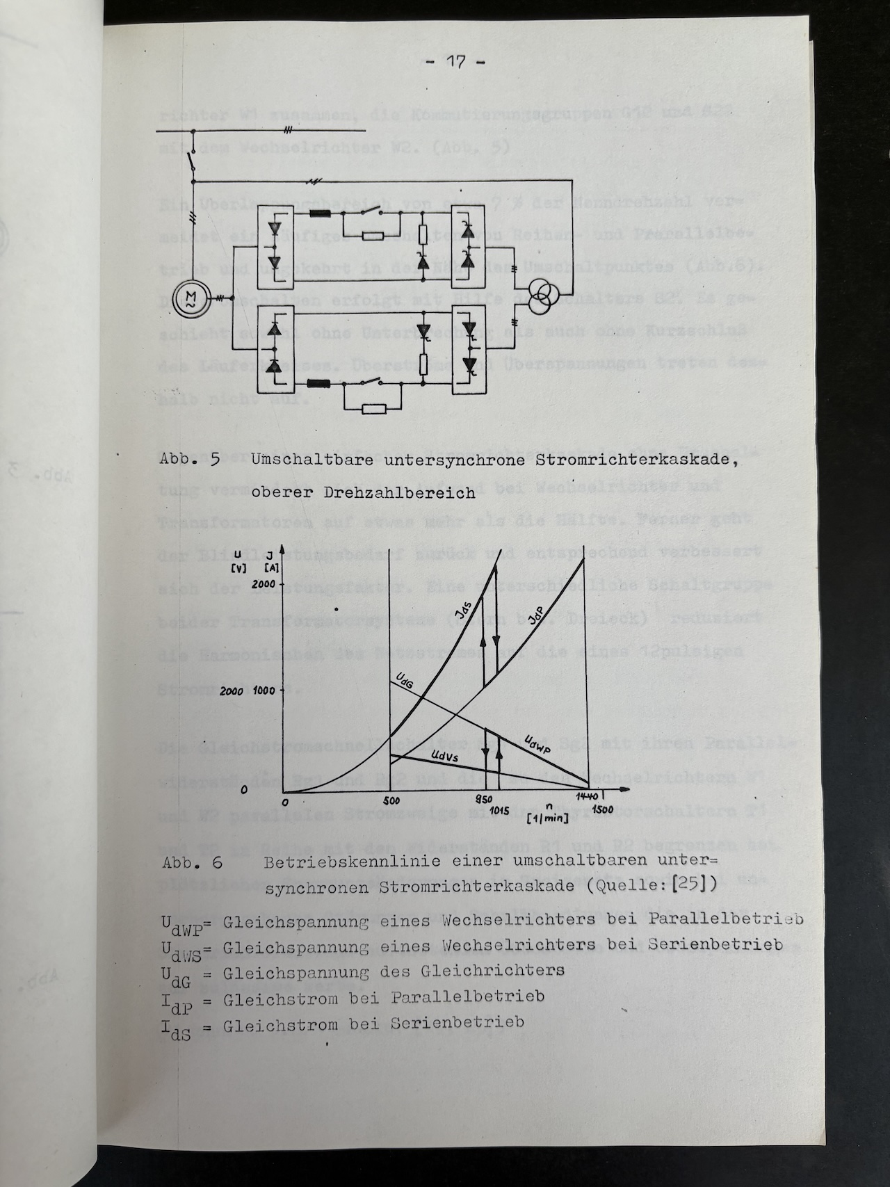 Seite 17 der Diplomarbeit: Schaltbild der umschaltbaren untersynchronen Stromrichterkaskade und die zugehoerige Betriebskennlinie